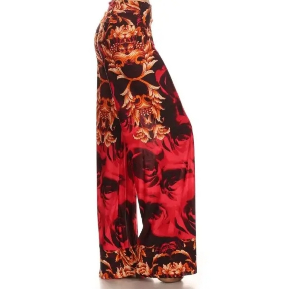 Yelete Red & Black Floral Baroque Wide-Leg Palazzo Pants
